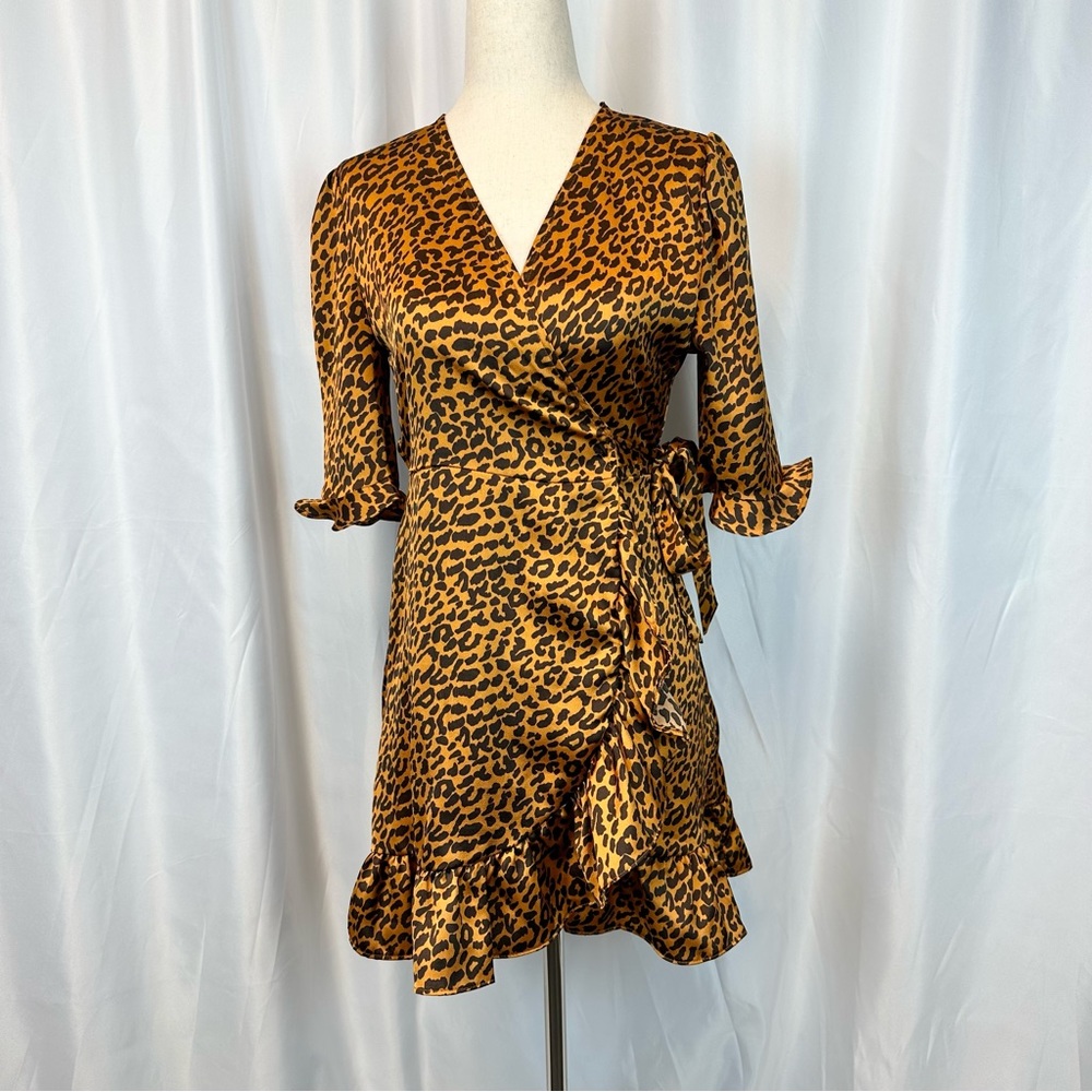 Boohoo Leopard Print Ruffle Wrap Dress Size 0